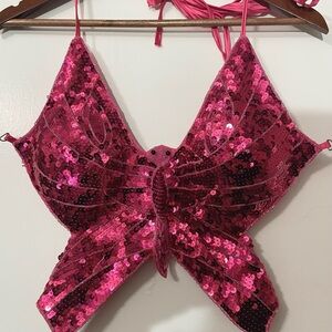 Sequin Butterfly Lace-up Top - Pink